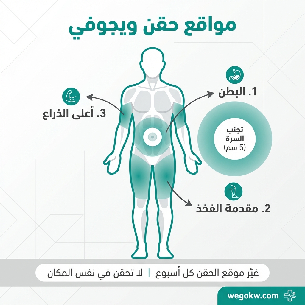 مواقع حقن ويجوفي: البطن والفخذ وأعلى الذراع