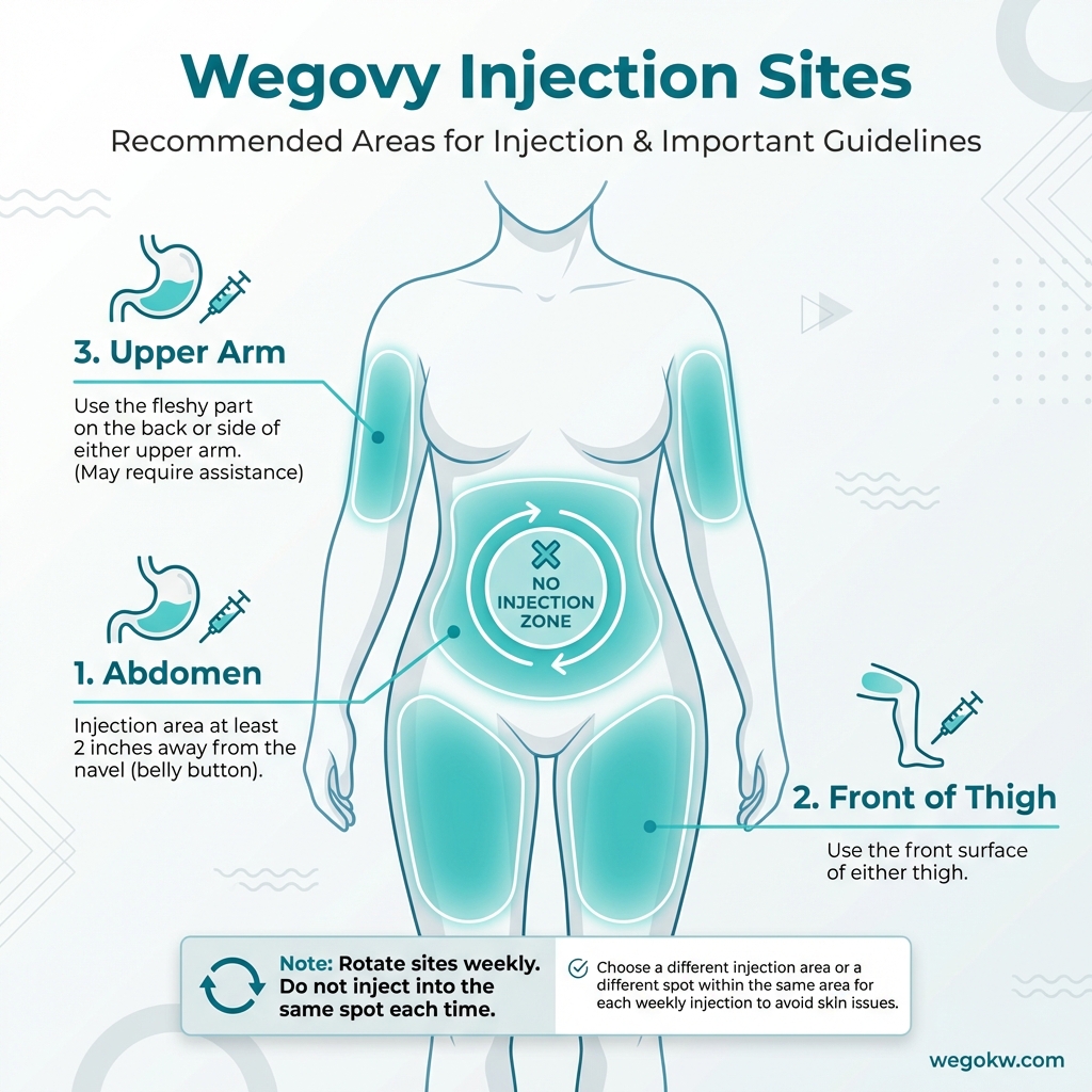 Wegovy injection sites: abdomen, thigh, and upper arm